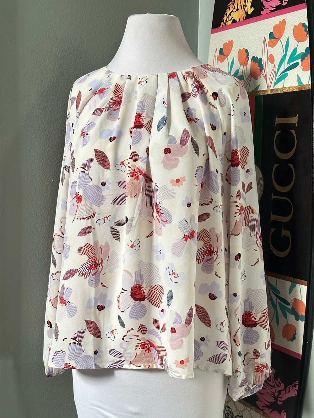 NWT Anne Taylor Loft Factory Floral Pleated Long Sleeve Blouse Business Casual